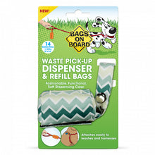 Load image into Gallery viewer, Bags on Board Fashion Waste Pick up Bag Dispenser Green Chevron Print + Bonus 14 Bags
